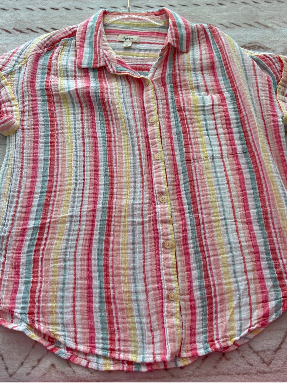 Style & Co. Pink Multi Short-Sleeve Striped Button-Down Shirt - Picture 4 of 7